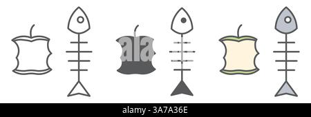 Organic waste icon collection, apple core and fish skeleton, food waste vector icon set, vector graphics, editable stroke outline sign, eps 10 Stock Vector