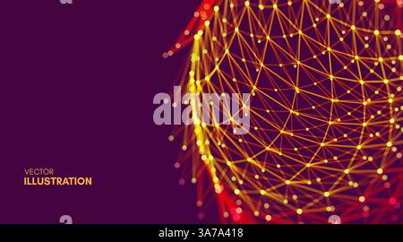 Scientific illustration with connected lines and dots. Luminous microscopic forms. Glowing grid. Connection structure. Wireframe vector illustration. Stock Vector