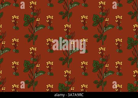 Botanical floral seamless pattern with celandine flowers vector illustration. Repeating green plant pattern in brown background. Graphic design for Fa Stock Vector