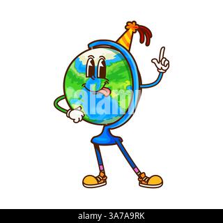 Cartoon groovy school globe stationery character flashing finger up gesture. Isolated vector earth planet, retro geographical map, educational item teacher personage with quirky face and party hat Stock Vector