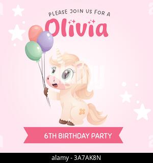 Whimsical unicorn birthday invitation with a light unicorn holding colorful balloons Stock Vector