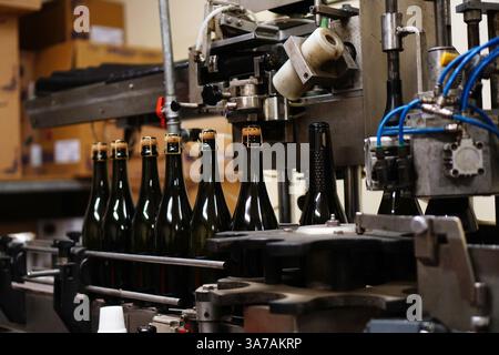 Wine bottles moving through an automated bottling machine in a winery facility, illustrating industrial wine packaging Stock Photo