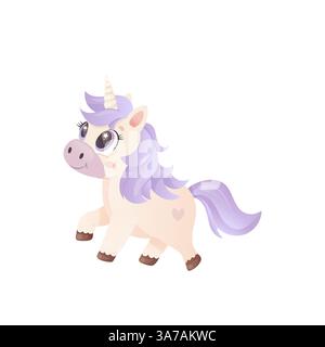 Charming unicorn with lavender mane and heart on its flank Stock Vector
