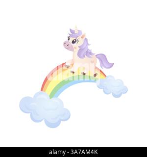 Playful pastel unicorn walking on a rainbow with clouds Stock Vector