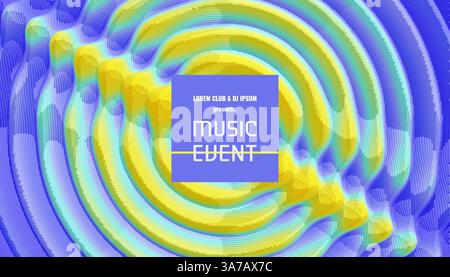 Music event flyer or banner. Party design with place for text. 3D wavy background with ripple effect. Vector illustration with particle. Stock Vector