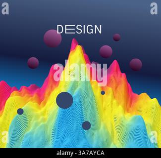 Night landscape with mountains and sky with flying spheres. Abstract futuristic background. 3d vector illustration. Stock Vector