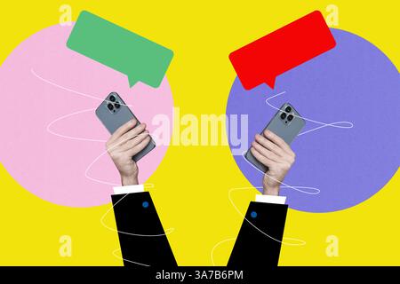 Creative banner collage of two gands holding using smart cell phone with sms message Stock Photo