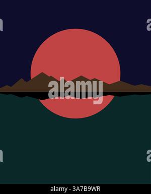 Red sun or moon with ocean and mountains. Minimalistic colorful landscape poster. Abstract nature sea art panorama. Stock Vector