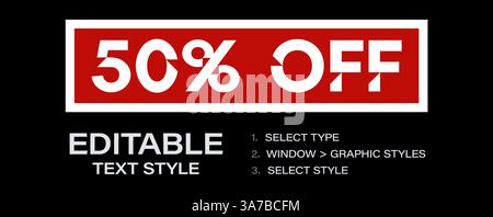 Editable text effect with 50 percent off. Graphic style for Adobe Illustrator, applies to any text, perfect for ads, titles, banners. Vector Stock Vector