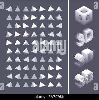 Word 3D. Three-dimensional letters concept. Wireframe cube. Collection in voxel art style. Pyramids in empty space. Abstract dynamic background. Vecto Stock Vector