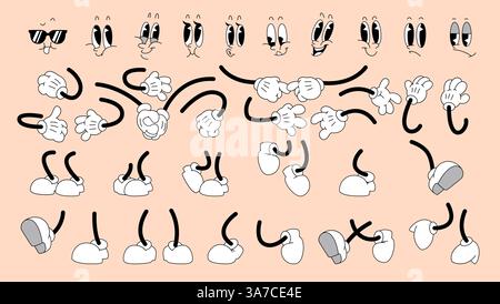 Black and white cartoon gloved hands, shoes and faces with funny eyes in retro style. Expressive gestures, movements of arms and legs for comics chara Stock Vector