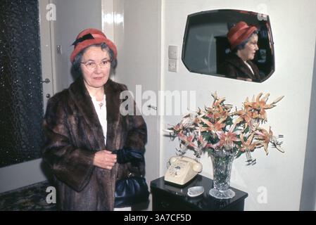 A woman dressed in a fur coat and red hat stands in the hallway of her British home, preparing to go out. Captured in October 1966, this image reflects domestic life and fashion in 1960s England, complete with period décor including a rotary dial telephone and floral display. Stock Photo