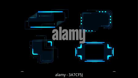 Cyberpunk hud frames and panels with futuristic neon blue glow. Geometric shapes form hi tech screens, displaying lines and squares. Rectangular elements for sci fi game interfaces and dashboards. Stock Vector