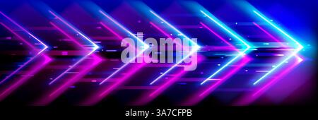 Neon glowing arrows showing forward, futuristic bright laser light stripes. Dynamic motion speed boost concept, pink blue optical flares. Cyber abstra Stock Vector