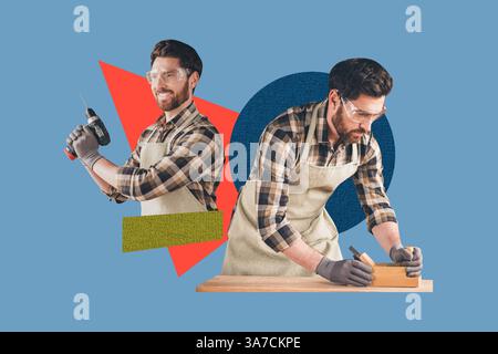 Composite art 3d creative image collage of happy man hold drill equipment cabinetry hobby wooden plank restoration diy hobby Stock Photo