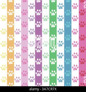 Rainbow colored stripe pattern with doodle paw prints. Seamless fabric design pattern Stock Vector