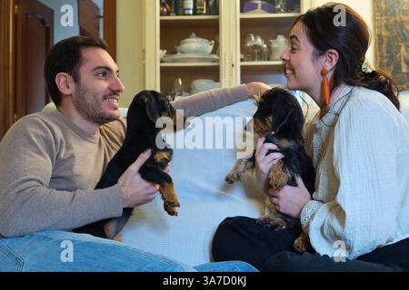 Young smiling couple holding two miniature dachshunds while sitting on a sofa in their living room Stock Photo