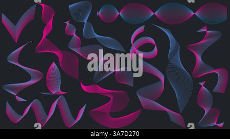 Pink and blue neon waves set. Abstract design elements, dynamic gradient shapes. Vector graphics Stock Vector
