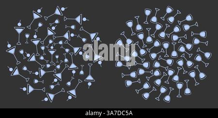 Triangular Martini glass Shot glasses Circular Background Texture Light blue on dark Backdrop Set 2. Isolated Vector illustration Thematic Cards or web promo posting, blog, leaflet, banner, label, tag  Stock Vector
