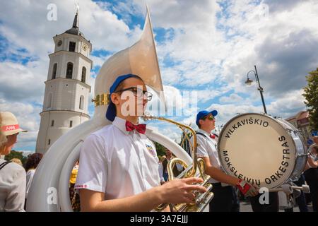 Young person music, view of a young people's marching band parading  in the Lithuanian Song and Dance Festival, Cathedral Square, Vilnius Old Town. Stock Photo