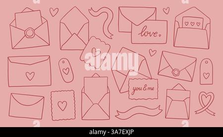 Whimsy envelope set. Collection of various envelope designs on a pink background. Outline in red color, different styles and sizes Stock Vector