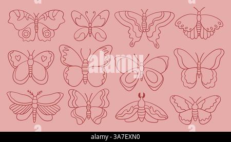 Whimsy butterfly set. Collection of various butterfly and moth designs on a pink background. Outline in red color, different styles and sizes Stock Vector