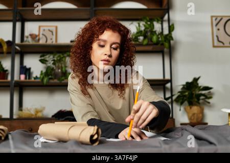 Craftswoman creating a unique project with plants and materials all around her. Stock Photo