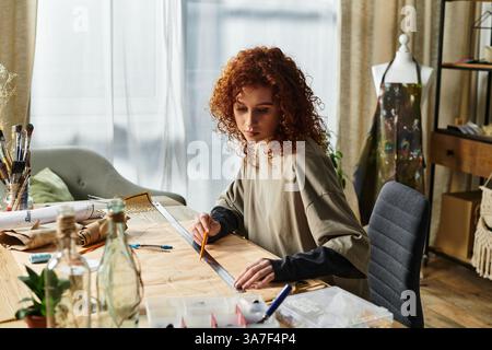 Young woman skillfully measures materials while working on a unique design in her cozy studio Stock Photo