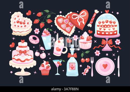 Set of Valentine's Day sweets in coquette rococo style. Heart-shaped cakes, cupcakes, milkshakes, candies, cherries, and romantic drinks in juicy Stock Vector