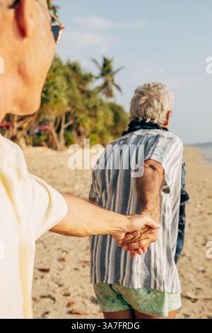 Elderly gay couple holding hands and walking on beach at sunny day Stock Photo