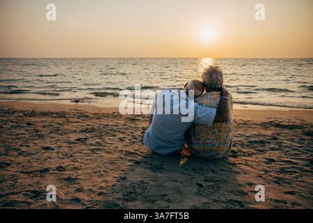 Rear view of affectionate senior gay couple looking at view while sitting on beach Stock Photo