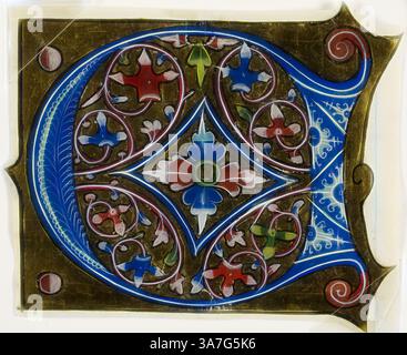 An intricately designed decorative piece featuring vibrant floral patterns and swirling motifs in shades of blue, red, green, and white. The composition showcases a harmonious blend of shapes and colors, highlighting a rich artistic tradition., Classic art with a modern twist reimagined by Artotop, Decorated Initial D with Leaves and Two Balls from a Choir Book, 15th century, French, France, Manuscript cutting in tempera and gold leaf on vellum Stock Photo
