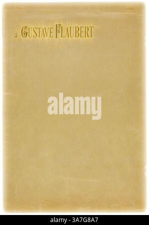 The image features a textured, light-colored background with elegant typography prominently displaying the name "Gustave Flaubert" at the top, suggesting a dedication or title page related to the renowned author., Classic art with a modern twist reimagined by Artotop, Portfolio Cover for A Gustave Flaubert (Tentation de Saint-Antoine), 1888, Odilon Redon, French, 1840-1916, France, Bi-fold portfolio cover with lithographed text, in black on green wove paper Stock Photo