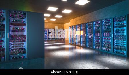 Modern data center hosting many server racks 3d background Stock Photo