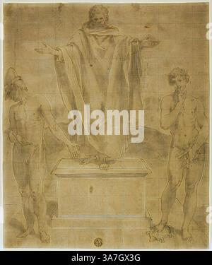 A classical depiction of three figures in a dramatic pose, with one figure elevated on a pedestal, arms outstretched in a gesture of significance. Flanking this central figure are two others, one with a finger to their lips signaling silence, the other displaying an open stance, suggesting a moment of dialogue or revelation. The background features subtle contours of a landscape, adding depth to the scene., Classic art with a modern twist reimagined by Artotop, Study for Allegory of Faith and Silence, 1500/95, Bartolomeo Cesi (Italian, 1556-1629), or School of Perino del Vaga (Italian, 1500/01 Stock Photo