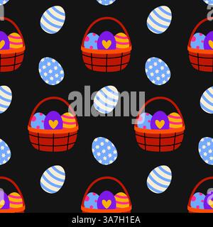 Colorful Easter eggs in baskets create a festive pattern on a black background Stock Vector