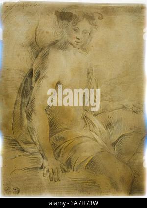 A serene figure reclines, draped in flowing fabric, exuding a sense of calm and contemplation. The gentle contours and delicate shading highlight the form, emphasizing both strength and softness., Classic art with a modern twist reimagined by Artotop, Seated Angel, n.d., Attributed to Mario Balassi (Italian, 1604-1667), or Lorenzo del Pasinelli (Italian, 1629-1700), Italy, Black chalk, heightened with touches of white and red chalk, on blue gray laid paper Stock Photo