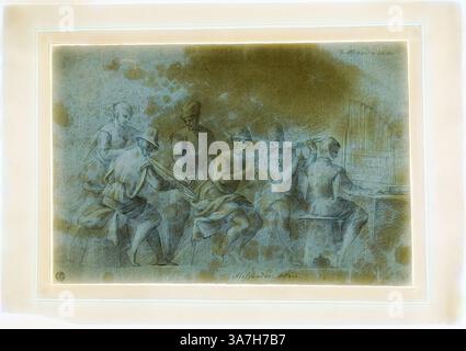 A group of figures engaged in various activities, showcasing movement and dynamism. Some are playing instruments, while others appear focused on their tasks, creating a sense of collaboration and energy. The background hints at an environment filled with artistic elements, enhancing the atmosphere of creativity and expression., Classic art with a modern twist reimagined by Artotop, Concert Scene, n.d., Florentine or North Italian, Late 16th Century, Italy, Black chalk heightened with touches of white chalk, on blue laid paper, tipped onto cream wove paper Stock Photo