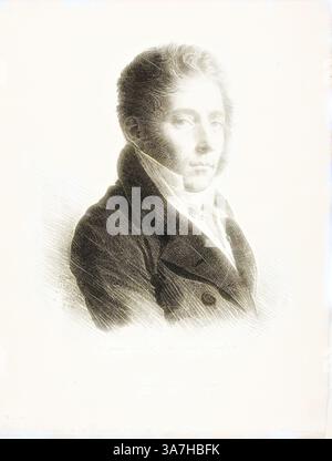 A detailed portrait of a young individual, dressed in a formal coat and collared shirt, gazes thoughtfully into the distance. The expression conveys a sense of introspection and depth, capturing a moment of quiet contemplation., Classic art with a modern twist reimagined by Artotop, Portrait of Coupin de la Couperie, 1816, Anne-Louis Girodet de Roucy-Trioson (French, 1767-1824), printed by Gottfried Engelmann (French, 1788-1839), Paris, Lithograph in black on ivory wove paper Stock Photo