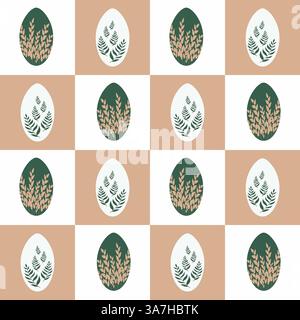 Seamless Botanical Egg checkered Pattern with Earthy Colors Stock Vector