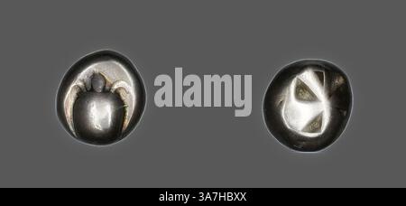 Two intricate, circular objects displaying unique textures and patterns. The left one features a detailed design resembling a stylized insect, while the right one has a more abstract, geometric appearance with intersecting lines. Both objects capture a sense of depth and dimension., Classic art with a modern twist reimagined by Artotop, Stater (Coin) Depicting a Sea Turtle, 600/550 BC, Greek, Greece, Silver, Diam. 1.9 cm, 11.84 g Stock Photo