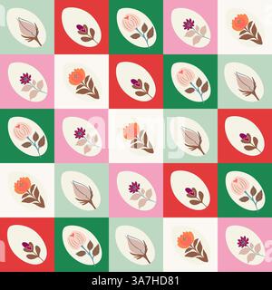 Seamless checkered pattern with bright Easter eggs decorated with flowers inside in different bright shades. Stock Vector