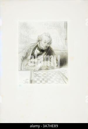 An elderly man sits thoughtfully at a chessboard, his gaze fixed on the pieces as he contemplates his next move. The serene atmosphere is enhanced by the soft outlines of trees in the background, suggesting a calm day spent in reflection and strategy., Classic art with a modern twist reimagined by Artotop, Maska and faces: Keeping a Queen, you see, 1857–58, Paul Gavarni, French, 1804-1866, France, Lithograph in black on ivory wove paper Stock Photo