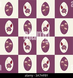 Seamless Botanical Egg checkered Pattern with stylized flowers Earthy Colors.Folk style. Stock Vector
