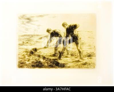 Two laborers are depicted working diligently, using tools to dig into the earth. Their focused expressions and strong postures convey a sense of determination and toil as they engage in their task against a vast, open landscape. The scene evokes themes of hard work and perseverance., Classic art with a modern twist reimagined by Artotop, Two Men Digging, 1855–56, Jean François Millet (French, 1814-1875), printed by Auguste Delâtre (French, 1822-1907), France, Etching in dark brown ink on cream laid paper Stock Photo