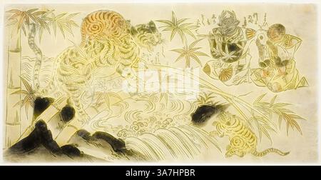 A dramatic scene featuring a fierce tiger poised above a waterfall, surrounded by lush bamboo. Two figures in traditional attire observe from the side, adding a sense of narrative and intrigue to the dynamic interplay between nature and human presence., Classic art with a modern twist reimagined by Artotop, The Bad Tiger Cub, c. 1730, Japanese, 18th century, Japan, Hand-colored woodblock print, hosoban yoko-e, urushi-e Stock Photo