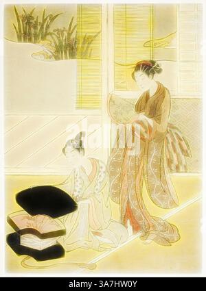 Two elegantly dressed women are portrayed in a serene indoor setting, engaged in a quiet moment. One woman kneels, delicately arranging a stack of decorative boxes, while the other stands nearby, gracefully holding a fan. The scene exudes a sense of tranquility and refined beauty, highlighting traditional attire and graceful gestures. Subtle details, such as the ornamental patterns on their garments, enhance the atmosphere of elegance and cultural richness., Classic art with a modern twist reimagined by Artotop, A Fan Peddler Showing his Wares to a Young Woman, c. 1765/70, Attributed to Suzuki Stock Photo