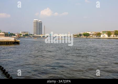 Bangkok, THAILAND - February 20, 2025: View Chao Phraya Express Boat or River Transportation From Wang Lang Pier on Chao Phraya River this is very fam Stock Photo