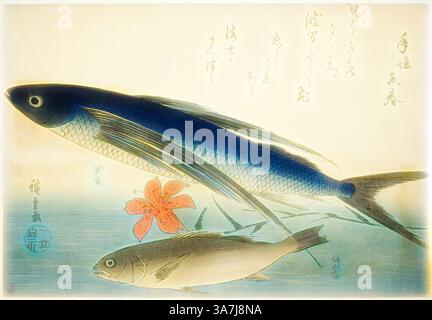 Two fish swim gracefully through calm waters, one adorned with vibrant blue scales and the other in muted tones. Above them, delicate floral elements and stylized text hint at a rich cultural backdrop, evoking a serene aquatic scene., Classic art with a modern twist reimagined by Artotop, Flying fish and Ichimochi, from an untitled series of fish, c. 1840/42, Utagawa Hiroshige �质 ����, Japanese, 1797-1858, Japan, Color woodblock print, oban, trimmed Stock Photo