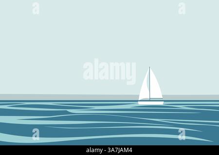 A minimalist flat design of a single sailboat on the ocean. The serene composition and simple lines evoke a sense of tranquility and adventure, perfec Stock Vector